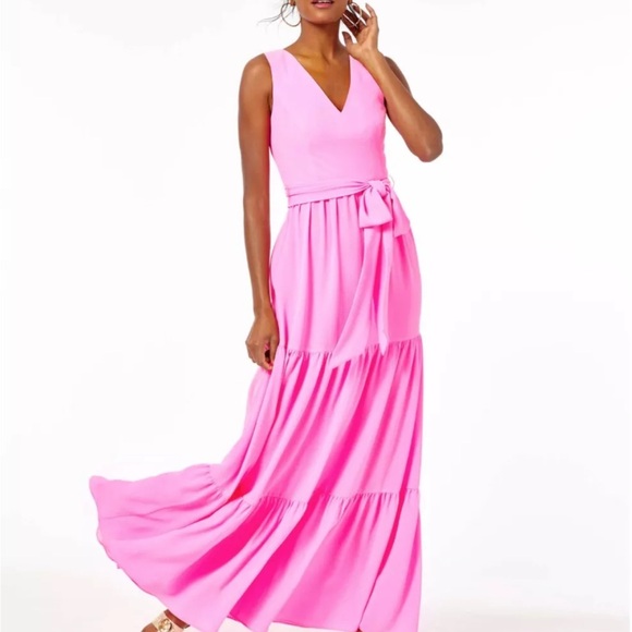 Lilly Pulitzer Size 16 Maurine Maxi Dress in Prosecco Pink Tier Tie